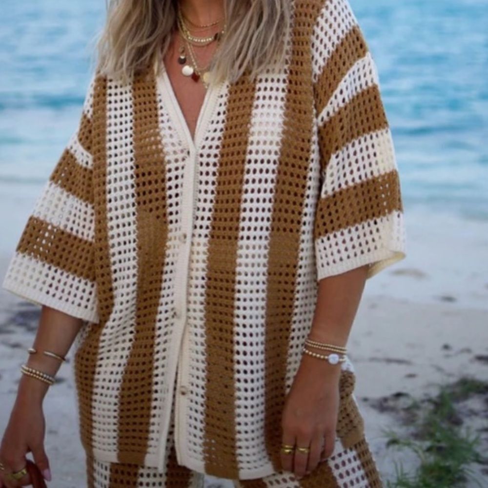 Vici Striped Crochet Button-Down Top in White and Tan